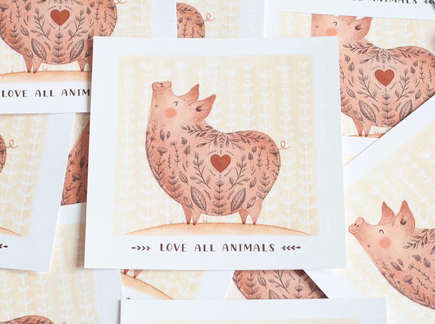 Świnka - Pocztówka - Love All Animals.