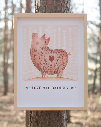 Plakat Świnka - Love All Animals.