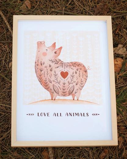 Plakat Świnka - Love All Animals.