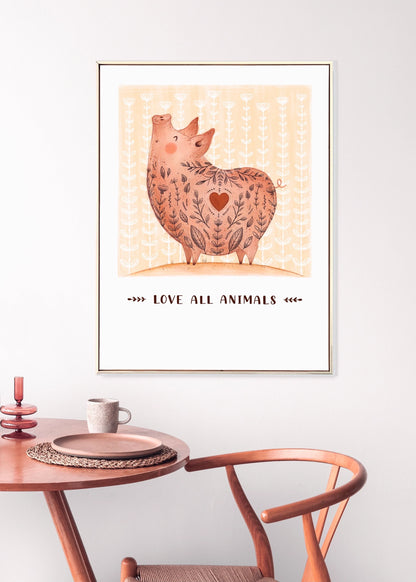 Plakat Świnka - Love All Animals.